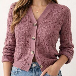 Pointelle Cardigan, Mauve Knit Sweater, Button Up Cardi, Vintage-Style